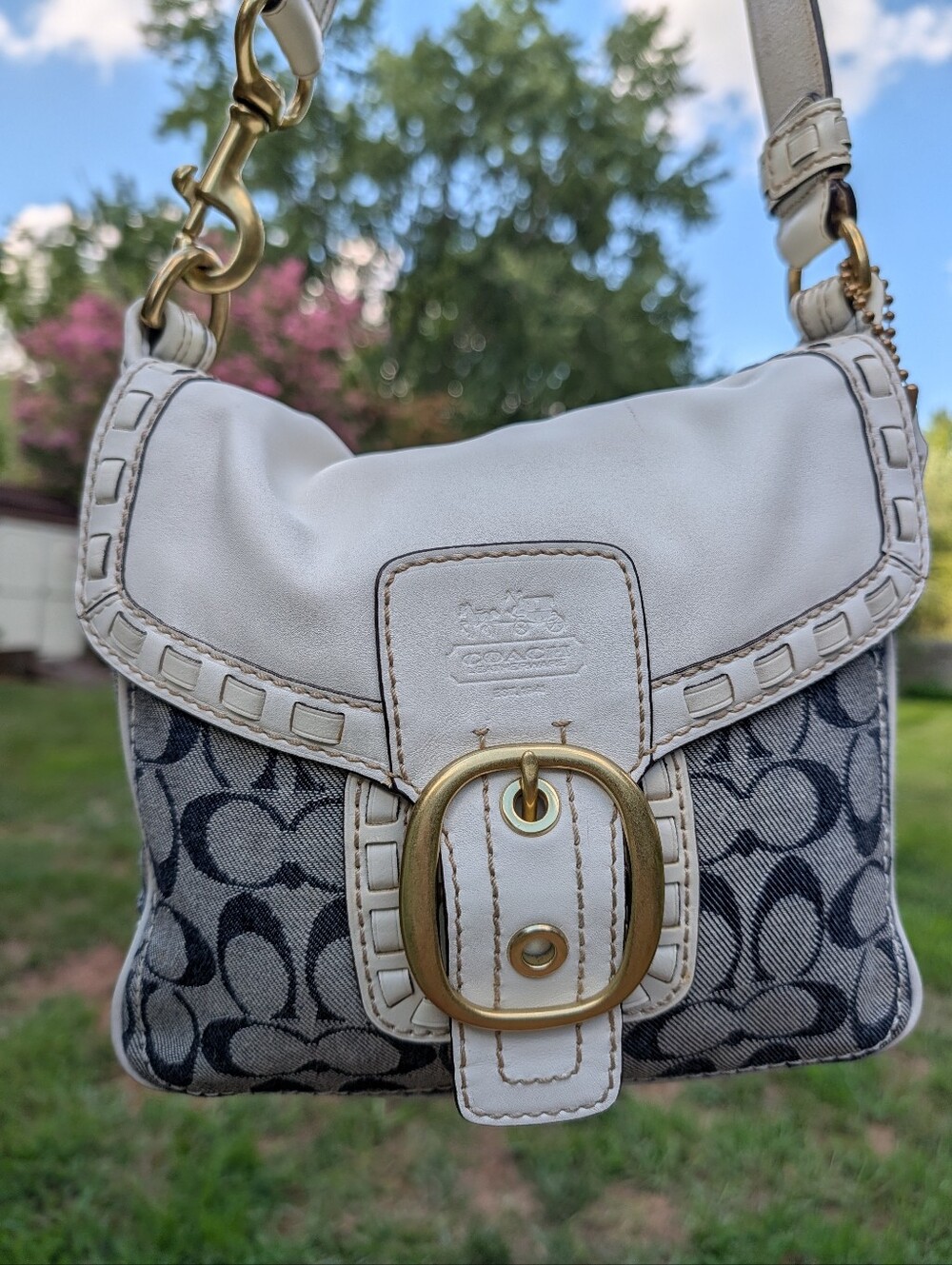 Vintage Coach Bleecker Signature denim + cream leather